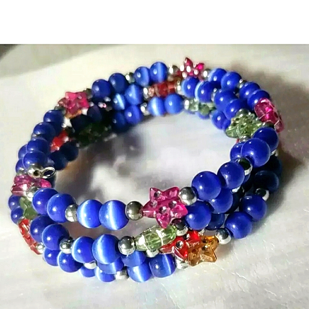 Blue Glass Cats Eye Round Bead Silver Tone Memory Wire Bracelet/Choker/Arm Wrap!